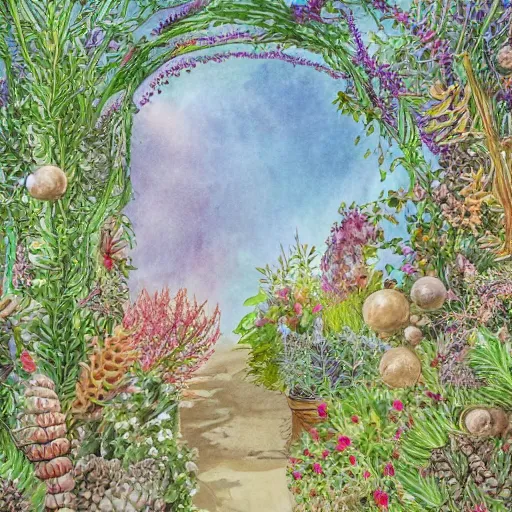 Image similar to delicate coastline garden on paper, spirals, stony, puffy, vines, botanical herbarium, botanic watercolors, iridescent, 8 k wide angle, realistic shaded, fine details, artstation, italian, rainbow, colonnade, oak, pinecone, pomegranade, vines, gardena architecture, pompeian, sicilian