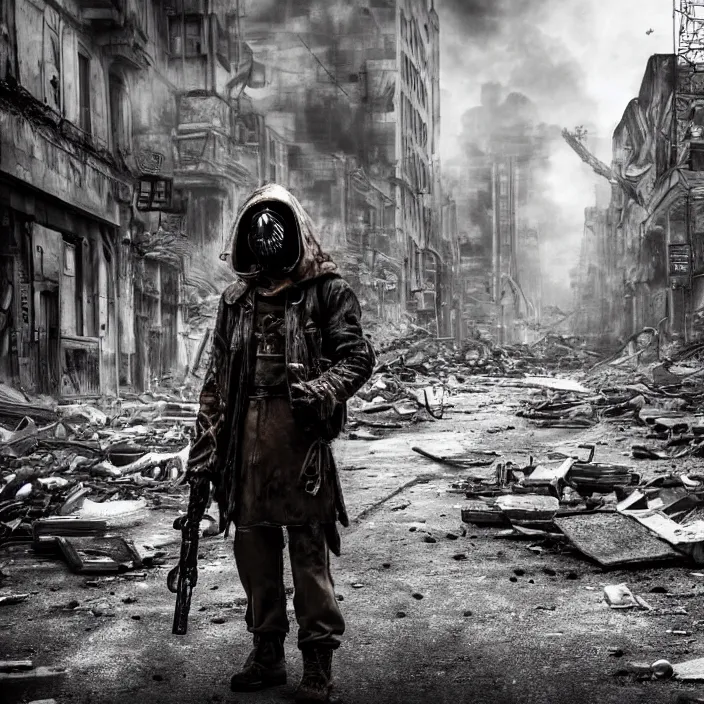 Prompt: gritty hooded apocalyptic man in gas mask standing in street of destroyed city, hyper - detailed, smooth, sharp focus, 4 k ultra hd, fantasy dark art, apocalyptic art