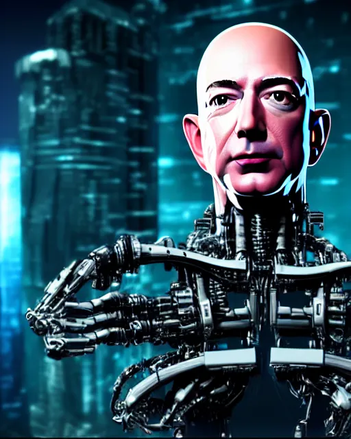 Prompt: portrait of Jeff Bezos as a sophisticated and intricate biomechanical Terminator, fantasy cyberpunk, Unreal Engine, hyper detailed, cinematic post-processing