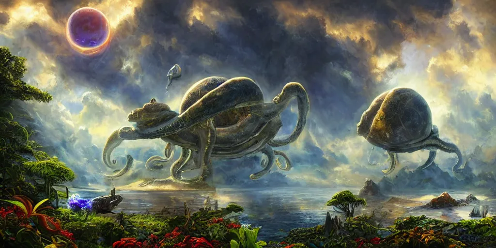 Image similar to fantasy oil painting, klattu's spacecraft, outer worlds, great leviathan, turtle cephalopod terrapin reptilian pachyderm amphibian hybrid, rainforest mountains, lush plants flowers, epic natural light, bright clouds, luminous sky, bright cinematic key lighting, michael cheval, michael whelan, vray, 8 k hd