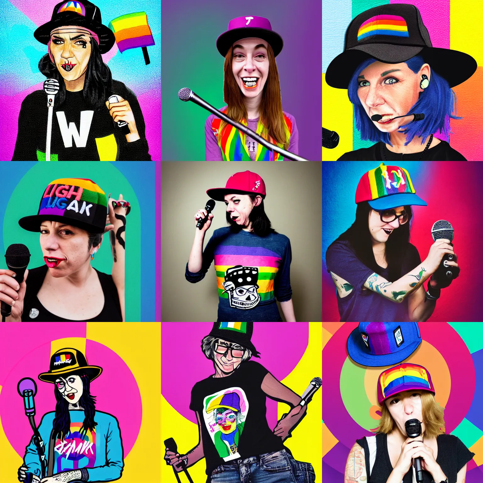 Prompt: a woman with skatepunk style and flatbrim hat holding a microphone in her right hand, lgbtq, a character portrait by jane freilicher, tumblr contest winner, lowbrow, adafruit, lighthearted, contest winner