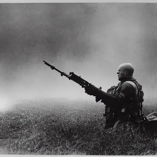 Image similar to old black and white photo, 1 9 1 3, depicting bruce willis in heavy combat armor and guns, historical record, volumetric fog