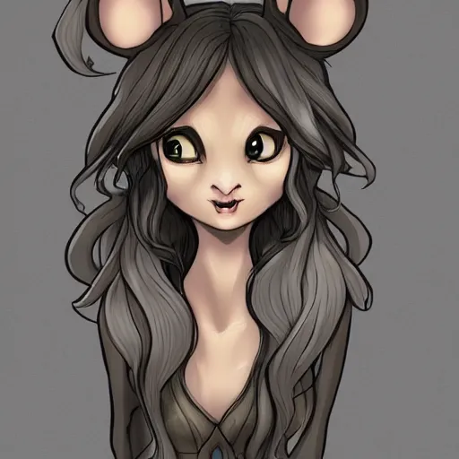 Image similar to headshot of young female furry, D&D, cute, fantasy, intricate, long hair, dark grey skin, mouse face, mouse nose, dark skin, mouse head, mouse ears, black hair, elegant, highly detailed, cartoony, artstation, concept art, smooth, sharp focus, illustration, art by Diives