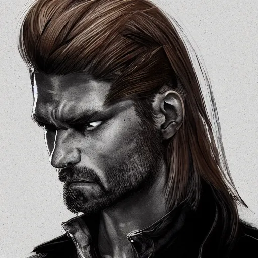 Prompt: portrait of a muscular, grim, ponytail haired blonde man in his late 30's, wearing a thick brown leather coat, looking to his side, hunter, DnD character, fantasy character, dramatic lighting, high detail, black and white digital art by Ruan Jia, Ilya Kuvshinov