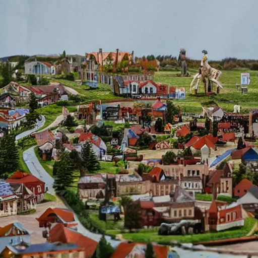 Prompt: forced perspective of a town that looks miniature with a large galloping horse destroying it.