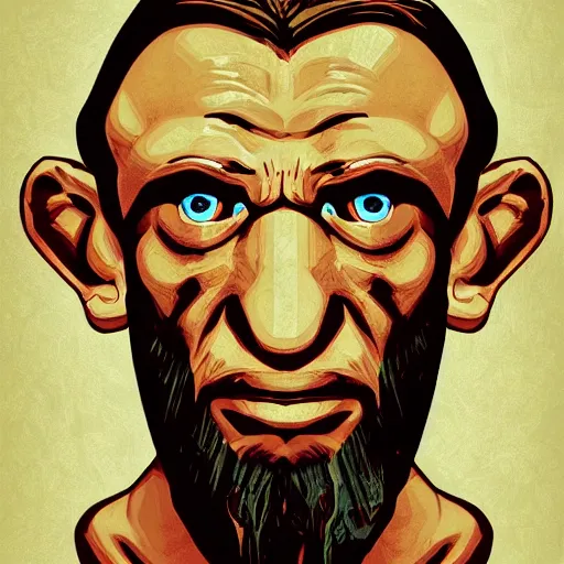 Image similar to saint homo neanderthalis portrait poster with book of science on his right hand, gta chinatown wars art style, bioshock infinite art style, hyperrealistic, rgba colors, remove duplicate content, justify contents center.