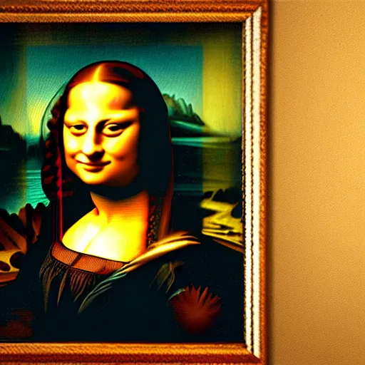 Image similar to painting of Margot Robbie posed in the style of ‘Leonardo Da Vinci's Mona Lisa’, hyperrealistic, moody lighting, golden hour