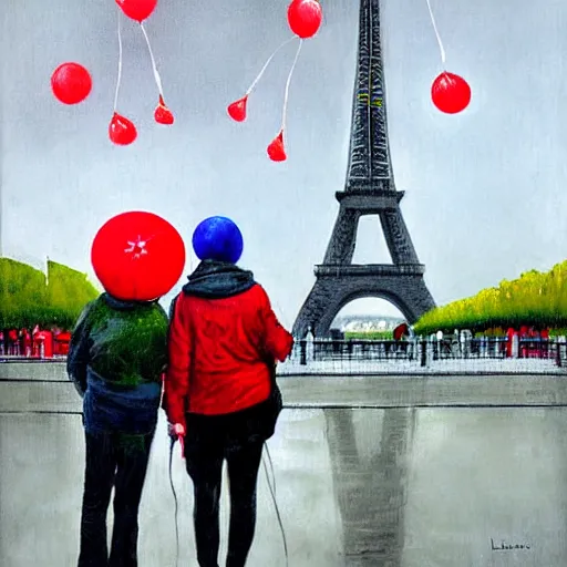 Image similar to two people standing in front of eiffel tower at trocadero holding red baloons, rainy day, strong colors, painting by eugene de lacroix,