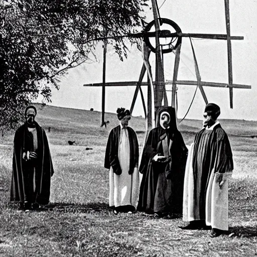 Image similar to worshippers dressed in robes belonging to the cult of the windmill. Dilapidated 1800s windmill. 1800s photo.