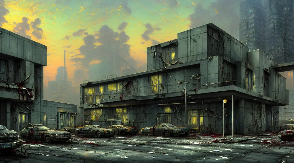 Prompt: post apocalyptic police station, building, avenue, extremely detailed, sharp focus, modern architecture, contemporary architecture, americana architecture, concrete architecture, tar roads, by thomas kinkade, pascal blanche, greg rutkowski, shaddy safadi, neil blevins, trending on artstation, high quality, photorealistic, wild vegetation, blood stains on walls, 4 k resolution