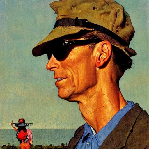Prompt: a Norman Rockwell painting of a man wearing brightly colored cheap sunglasses