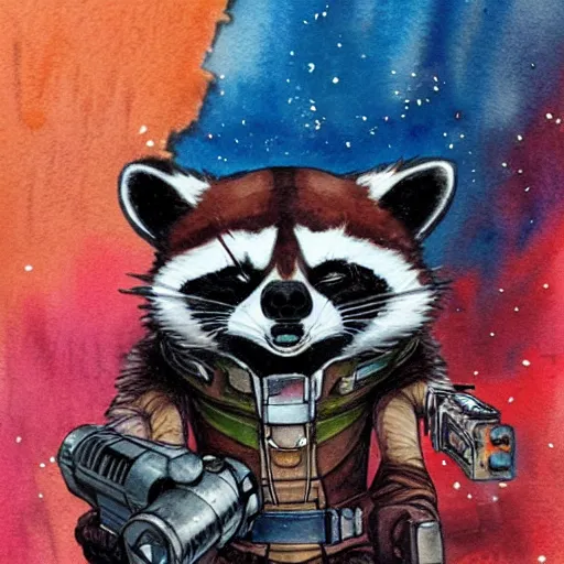 Image similar to racoon holding a laser gun, guardians of the galaxy style, centered award winning watercolor pen drawing, by caroline choi, edited by range murata