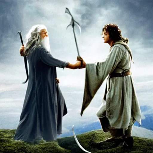 Image similar to gandalf and frodo falling in love