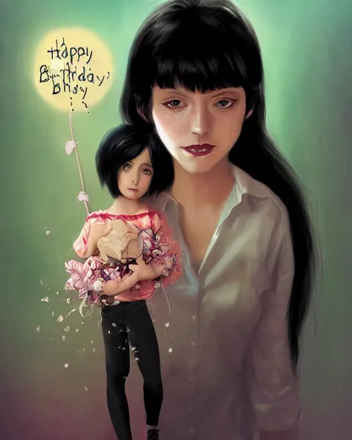 Image similar to happy birthday black haired girl, book cover by Neil Gaiman, trending on artstation, 8k, highly detailed