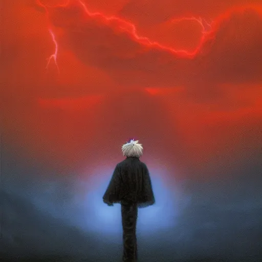 Prompt: killua zoldyck made by zdzisław beksinski, thunderstorm, lighting, blue, pose, 8 k, detailed, high quality, 8 k, detailed face, light