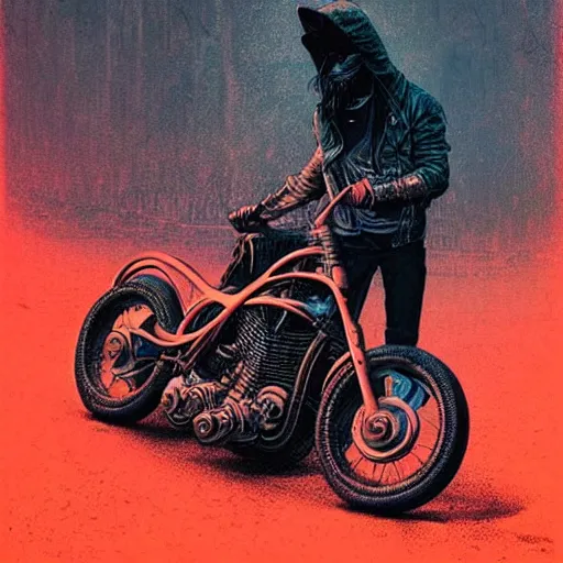 Image similar to motorbiker from hell, by beksinski and tristan eaton, dark neon trimmed beautiful dystopian digital art