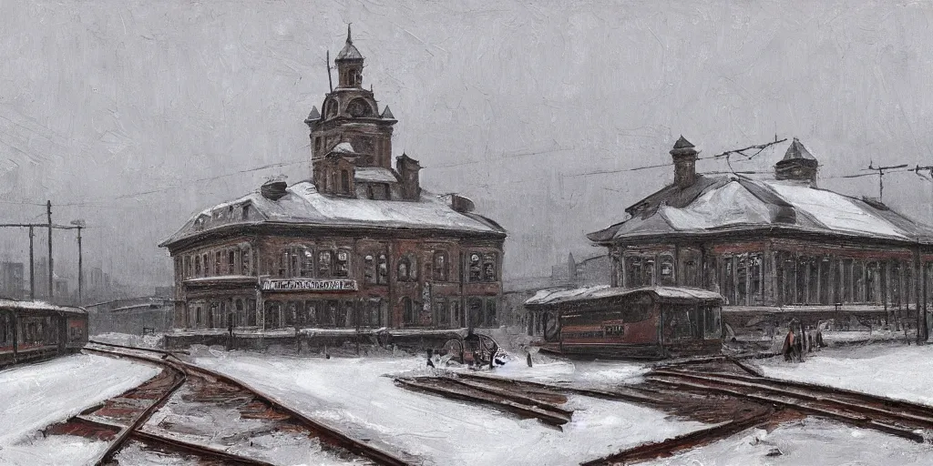 Prompt: Train Depot in Saint Petersburg in 1914 in winter, morning, trending on Artstation