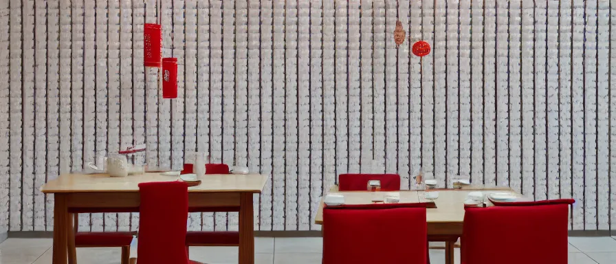 Image similar to a beautiful simple interior render of small roasted string hotpot restaurant restaurant yan'an, wall corner, from china, red paper wall and white tile floor, rectangle white porcelain table, fine simple delicate structure, chinese style, simple composition, simple style structure decoration design, victo ngai, 4 k hd