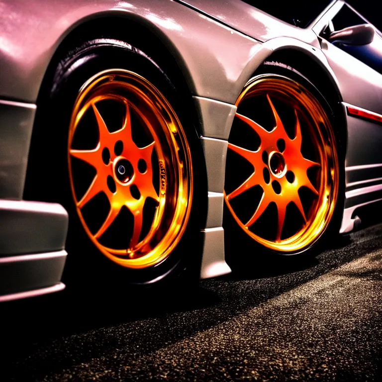 Image similar to close-up-photo JZX100 turbo illegal roadside night meet, work-wheels, Shibuya shibuya, cinematic color, photorealistic, deep dish wheels, highly detailed night photography