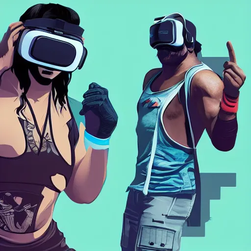 Prompt: wrestler characters wearing vr goggles, gta cover, apex legends trending on artstation, digital illustration