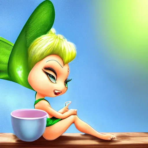 Prompt: detailed 4k UHD digital painting of chibi Tinkerbell in a coffee cup hungover with heavy eyeliner wearing a towel