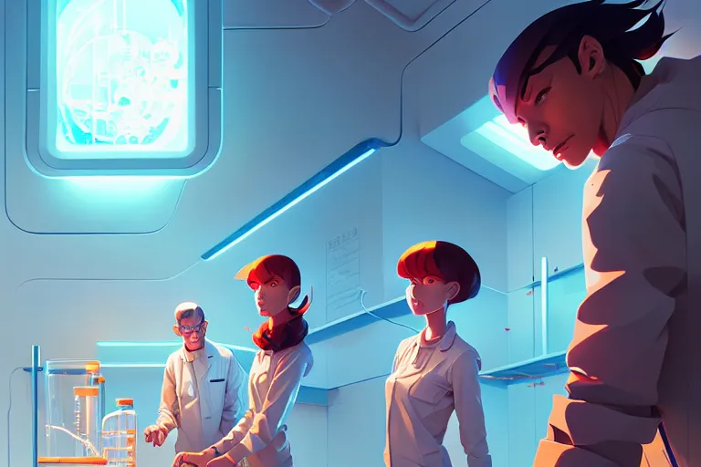 Image similar to a futuristic lab and scientist, vector behance hd jesper ejsing, rhads, makoto shinkai, lois van baarle, ilya kuvshinov, rossdraws, hd, 3 2 k, ilya kuvshinov, gustav klimt