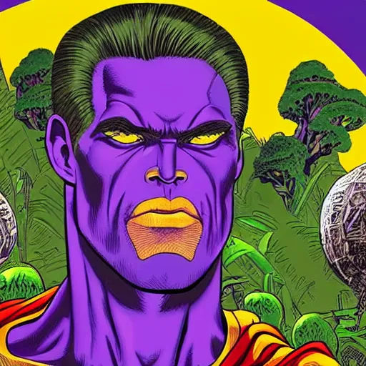 Prompt: beautiful lifelike painting of thanos as superman on safari in the glass jungle of planet krypton, hyperreal detailed facial features and uv lighting, retro pixel bitmap art by ed roth and basil wolverton