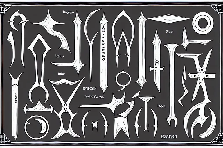 Image similar to illustration of design sheet of various necromancy tools, occult