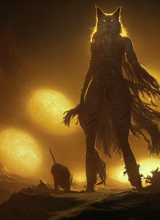 Image similar to a humanoid cat with a sword in elden ring, Atmospheric beautiful by Eddie mendoza and Craig Mullins. volumetric lights volumetric lights, 8k, hd