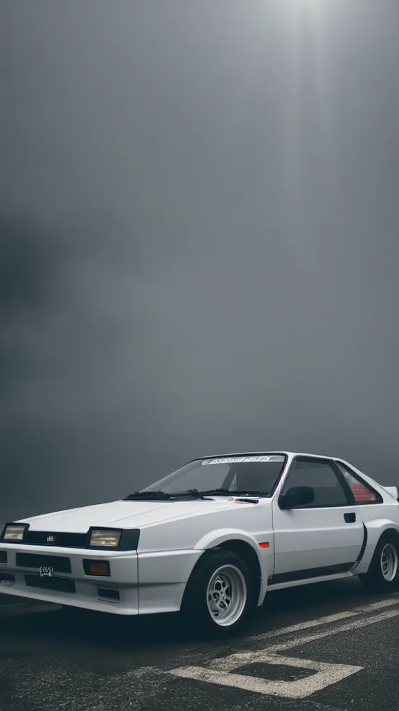 Image similar to a trueno ae 8 6 with pop up headlights, cinematic, long exposure, white balance, 8 k, led, lumen global illumination, fog, ray tracing reflections