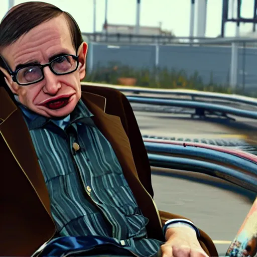 Image similar to stephen hawking as a ganster in gta v, rolling with the crips, gold jewelry, bling bang