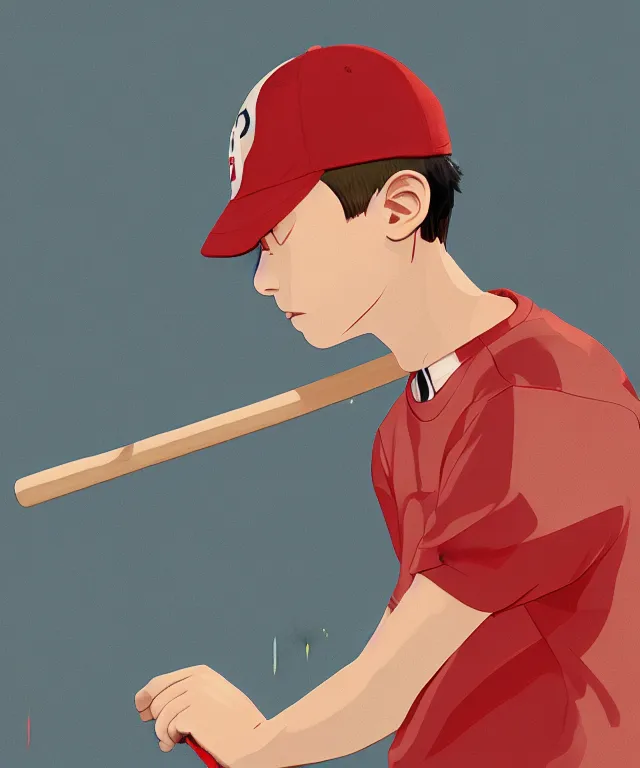 Image similar to a young boy wearing a horizontal striped shirt and a red baseball cap and jean shorts, holding a baseball bat, digital painting, artstation, concept art, sharp focus, octane render, illustration, art by tomer hanuka,