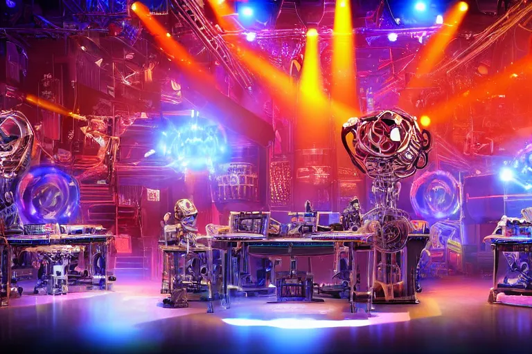 Image similar to stage is from americas got talent, we see the jury desk, behind the desk sits the jury is 3 golden and blue metal humanoid steampunk robots wearing and gears and tubes, eyes are glowing red lightbulbs, shiny crisp finish, 3 d render, 8 k, insaneley detailed, fluorescent colors, background is multicolored lasershow