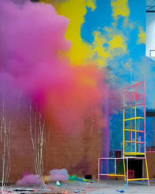 Prompt: Utrecht, in a vast IKEA living room showroom which has been vandalized, wrecked, with graffiti, spray paint and explosive color smoke and powder by Damien Hirst, Felipe Pantone, Lisa Frank