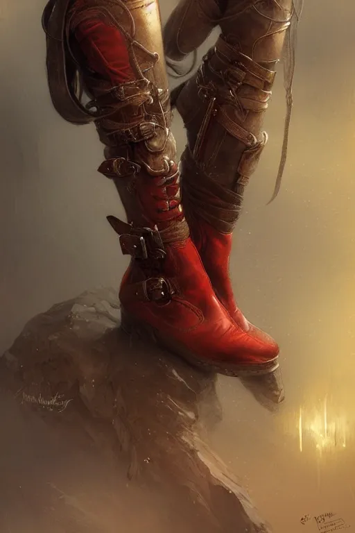 Image similar to « short red women's boots, shoes only, by wlop, by luis royo, by peter mohrbacher, concept art, digital illustration, intricate, masterpiece, elegant, super detailed, unreal engine rendering, smooth, sharp focus, artstation hq »