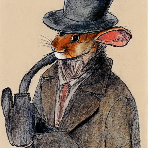 Image similar to a rabbit wearing a deerstalker hat and a brown coat, in the style of carl larsson