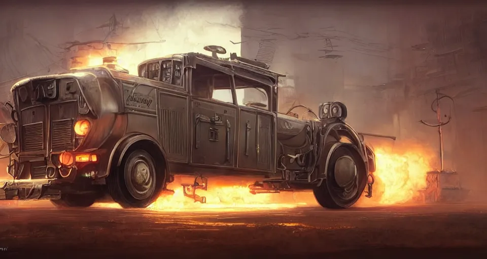 Image similar to a highly detailed epic cinematic concept art CG render digital painting artwork scene: retrofuturistic 1920s cyberpunk steampunk soviet police patrol car inspired by a locomotive emitting smoke. By Greg Rutkowski, Ilya Kuvshinov, WLOP, Stanley Artgerm Lau, Ruan Jia and Fenghua Zhong, trending on ArtStation, made in Maya, Blender and Photoshop, octane render, excellent composition, cinematic dystopian brutalist atmosphere, dynamic dramatic cinematic lighting, aesthetic, very inspirational, arthouse