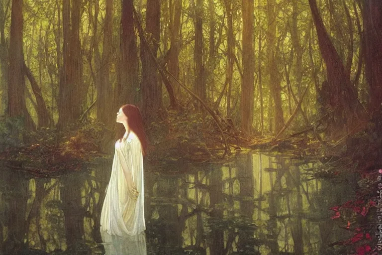 Prompt: a beautiful painting of a young lady with long dark hair in white linen dress bend down to look at her reflection on the river, in a grown forest, sunlight through the trees, Mucha, Moebius, Mohrbacher