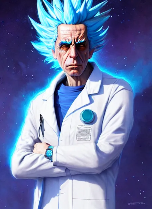 Image similar to rick sanchez portrait wearing a white lab coat with blue hair. highly detailed. psychedelic digital painting. smooth. alien planet background. art by greg rutkowski