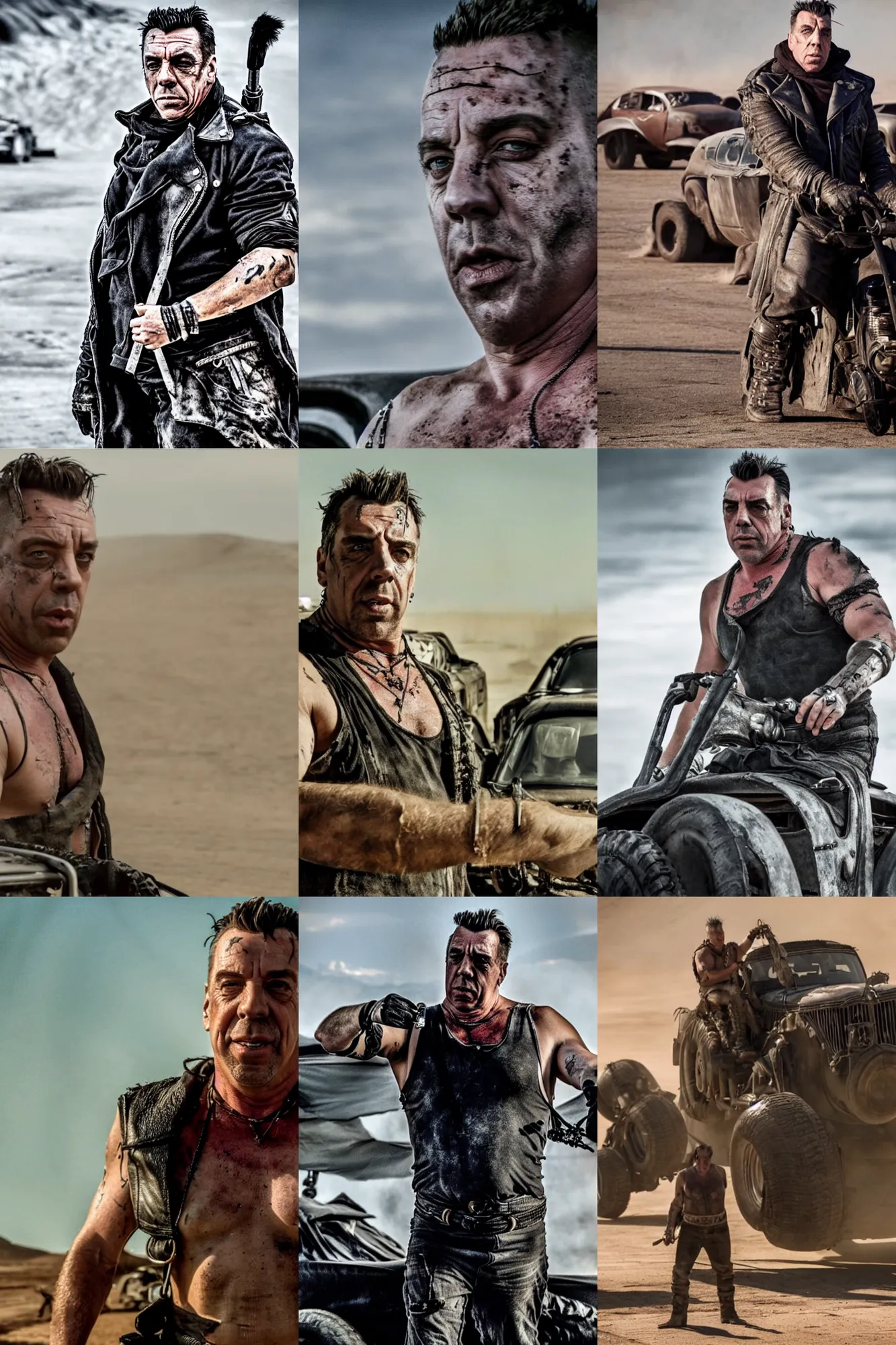 Prompt: movie still of till lindemann in mad max fury road, 4 k, high quality