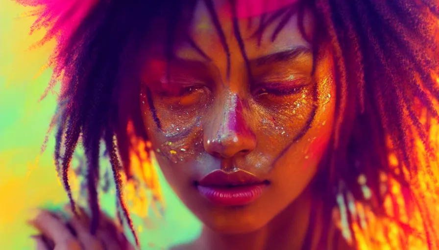 Image similar to very beautiful woman, face submerged in colorful oils, brown skin, realism, extreme detail, real life, key art, soft light, volumetric light, 3 - d shadows, photo by james jean and wlop, photoshoot