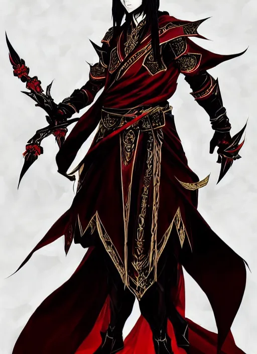 Image similar to Full body portrait of a handsome mature elf fire mage with long black hair wearing ornate scarlet robe. In style of Yoji Shinkawa and Hyung-tae Kim, trending on ArtStation, dark fantasy, great composition, concept art, highly detailed, dynamic pose.