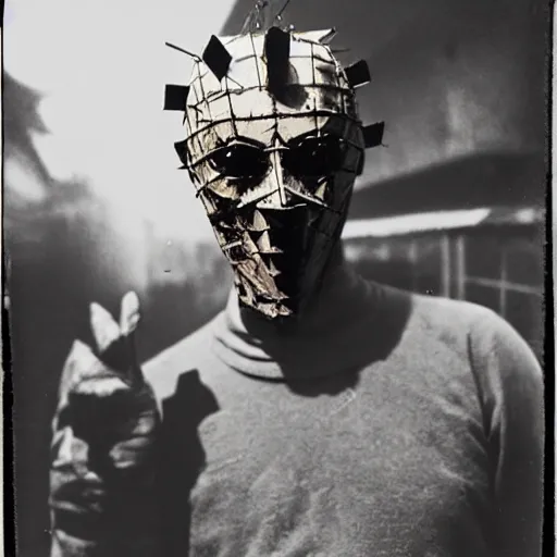 Image similar to a 1920 photography of a man with a hellraiser mask in silent hill town