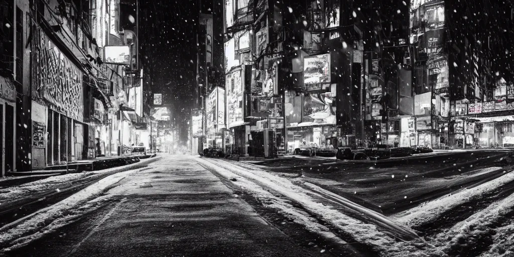 Prompt: a city street at night, snowing, photograph, cyberpunk, sharp focus, intricate detail, Desolate, drone shot, high resolution, 8k, neon streetlights, wires hanging down everywhere