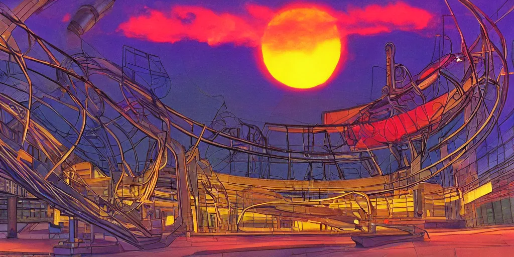 Prompt: fusion reactor helix, wonderous and magical, in an urban setting, sunset, by Studio Ghibli and Edward Hopper