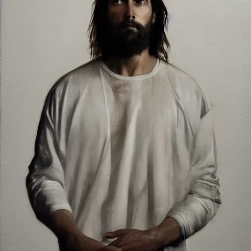 Image similar to a full body lookbook portrait of modern - day jesus wearing cream yeezy and fear of god menswear collection by nicola samori, detailed, oil painting, hyper - realistic, 8 k, yeezy collection