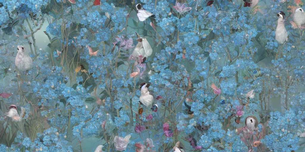 Prompt: breathtaking detailed concept art painting pattern of faces goddesses of light blue flowers with anxious piercing eyes and blend of flowers and birds, by hsiao - ron cheng and john james audubon, bizarre compositions, exquisite detail, extremely moody lighting, 8 k