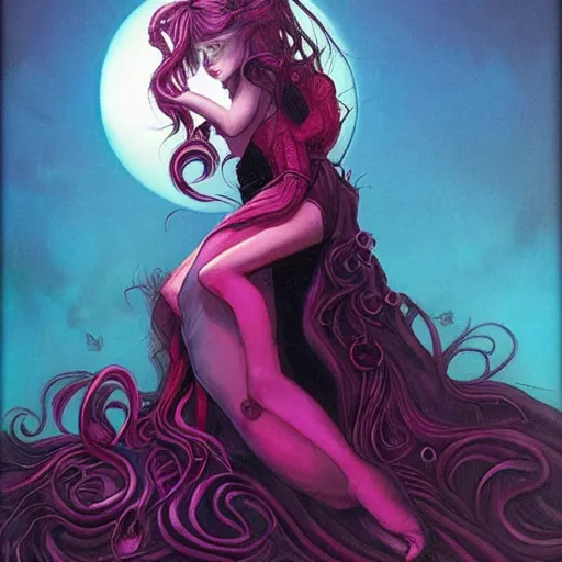 Image similar to portrait of princess of the dreamlands and moon beast, beautiful! coherent! by brom, deep colors, red maroon purple pink black, strong lines, rule of thirds