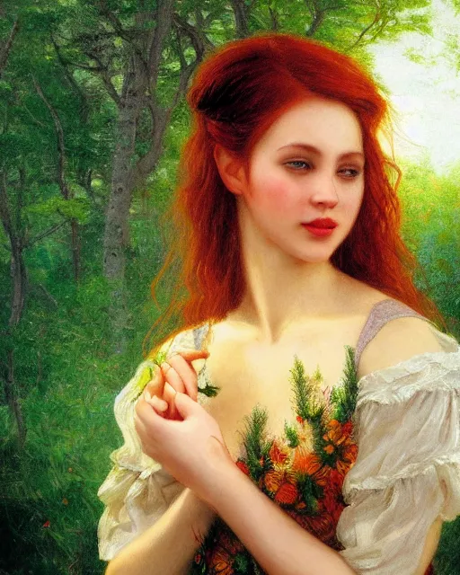 Prompt: a young woman, admiring the lights of golden fireflies, sitting in the midst of nature fully covered with a wonderful dress, long loose red hair, intricate details, green eyes, small nose with freckles, oval shape face, soft happy smile, realistic, expressive emotions, hyper realistic highly detailed art by albert bierstadt