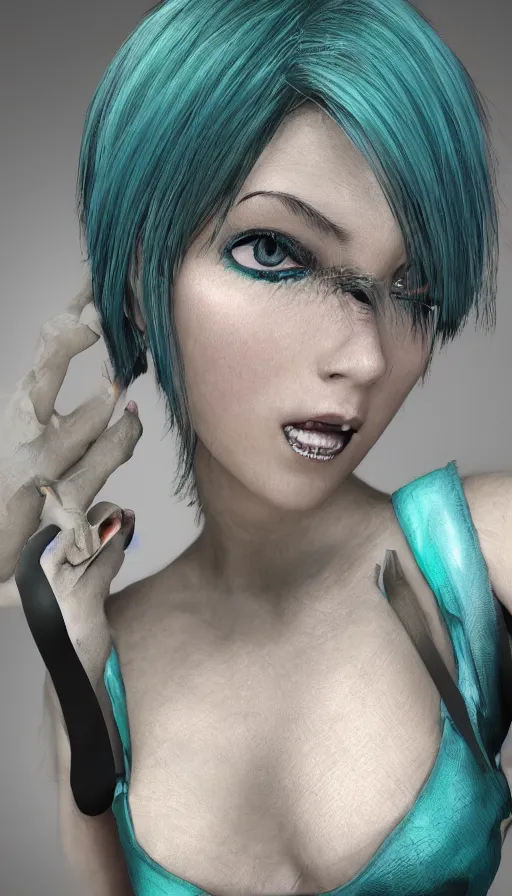 Image similar to render beautiful 3 d anime woman with short silver hair, blue eye and green eye, black tribal dress, highly detailed, trending on artstation, blender, cinematic color grading